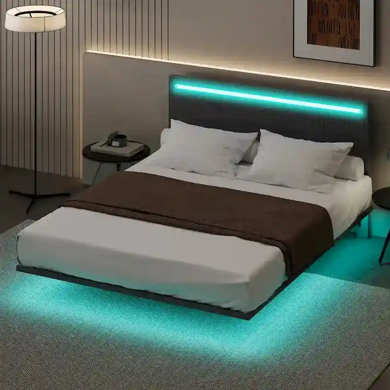 Floating Velvet Platform Bed with RGB LED Lights & Adjustable Wingback Headboard