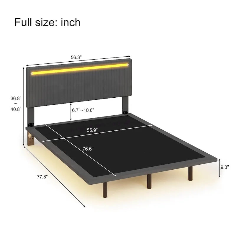Floating Velvet Platform Bed with RGB LED Lights & Adjustable Wingback Headboard