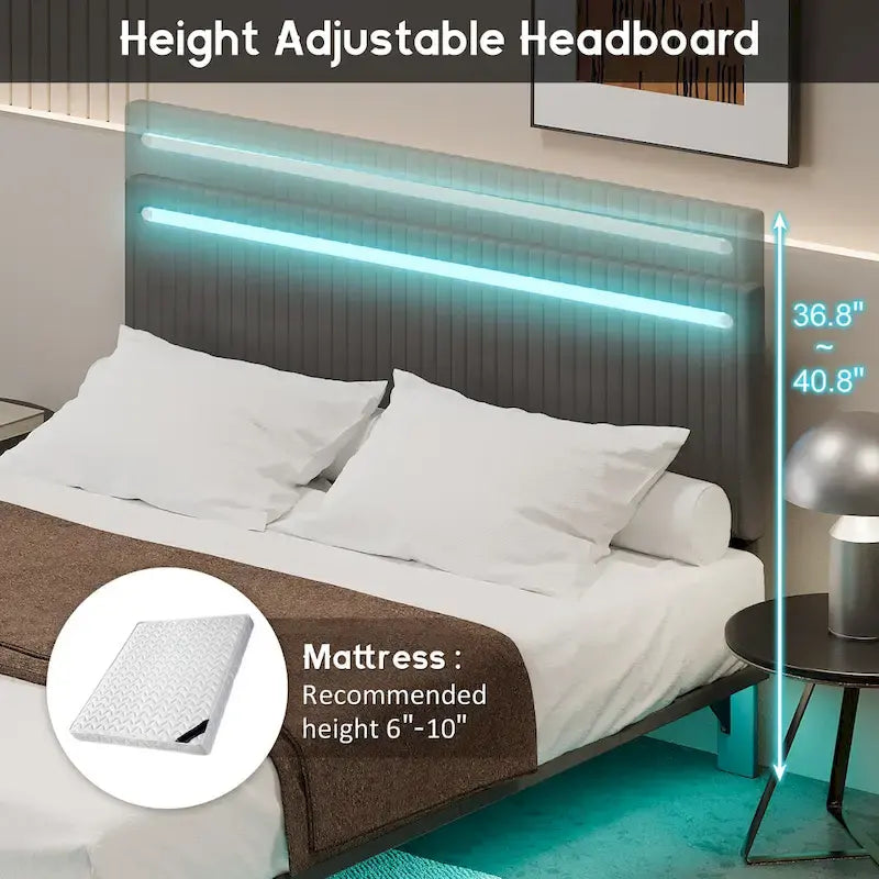 Floating Velvet Platform Bed with RGB LED Lights & Adjustable Wingback Headboard