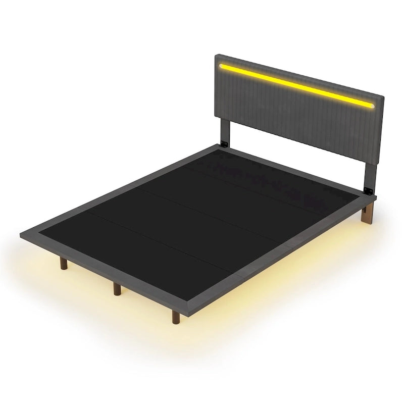 Floating Velvet Platform Bed with RGB LED Lights & Adjustable Wingback Headboard