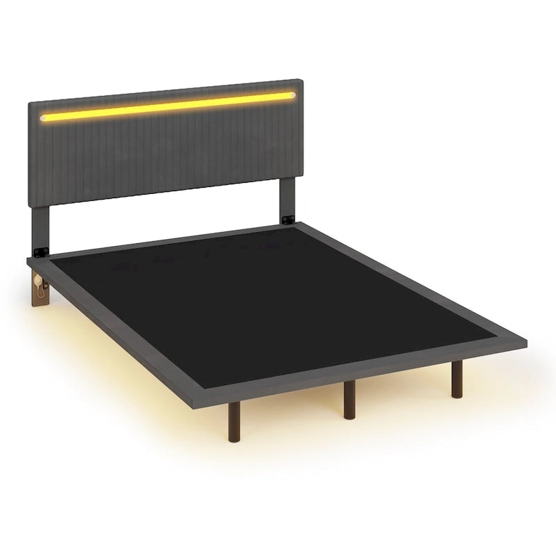 Floating Velvet Platform Bed with RGB LED Lights & Adjustable Wingback Headboard