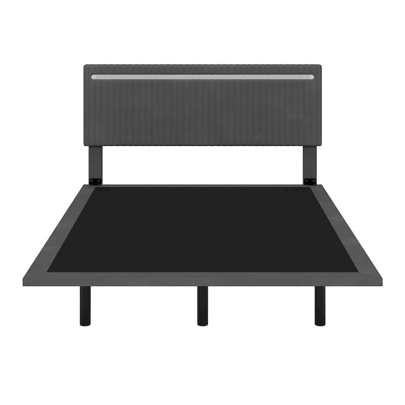 Floating Velvet Platform Bed with RGB LED Lights & Adjustable Wingback Headboard