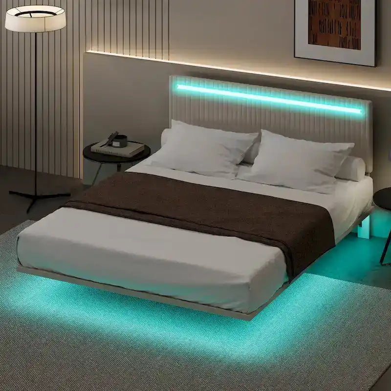 Floating Velvet Platform Bed with RGB LED Lights & Adjustable Wingback Headboard