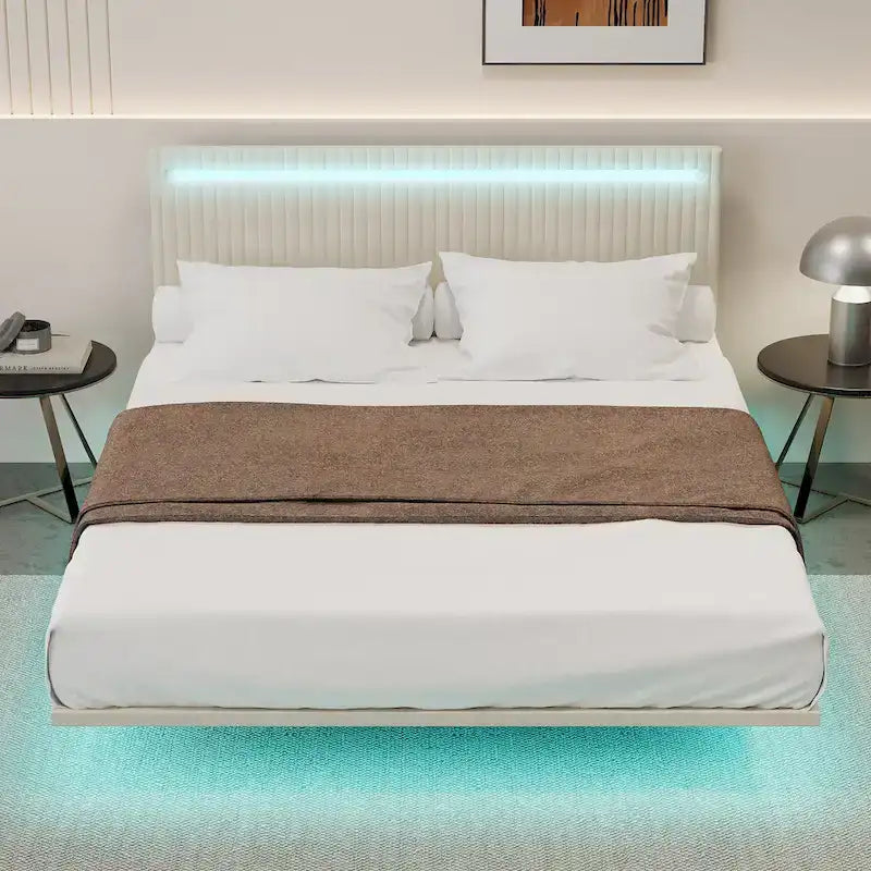 Floating Velvet Platform Bed with RGB LED Lights & Adjustable Wingback Headboard