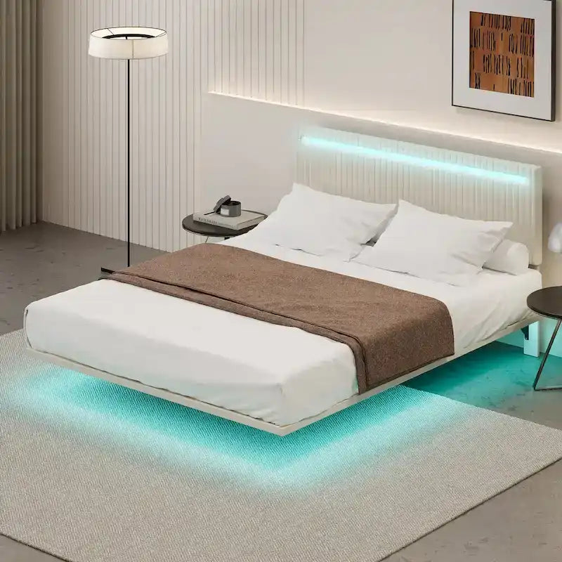 Floating Velvet Platform Bed with RGB LED Lights & Adjustable Wingback Headboard