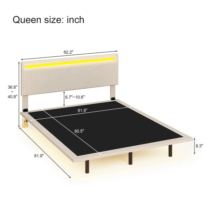 Floating Velvet Platform Bed with RGB LED Lights & Adjustable Wingback Headboard
