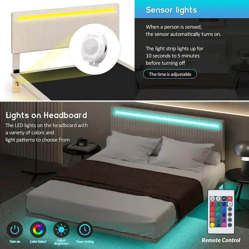 Floating Velvet Platform Bed with RGB LED Lights & Adjustable Wingback Headboard