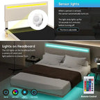 Floating Velvet Platform Bed with RGB LED Lights & Adjustable Wingback Headboard