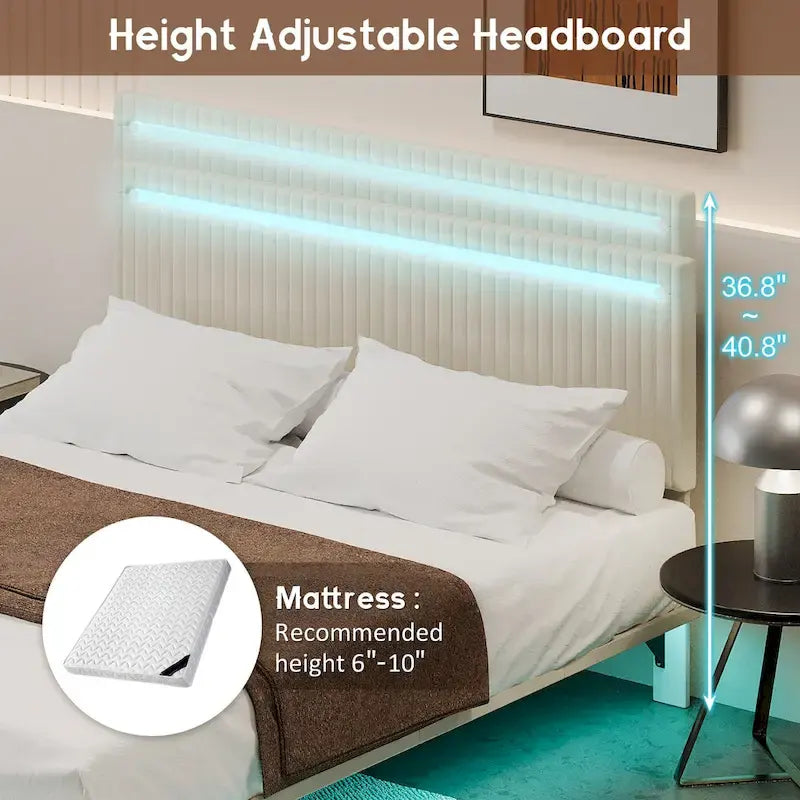 Floating Velvet Platform Bed with RGB LED Lights & Adjustable Wingback Headboard