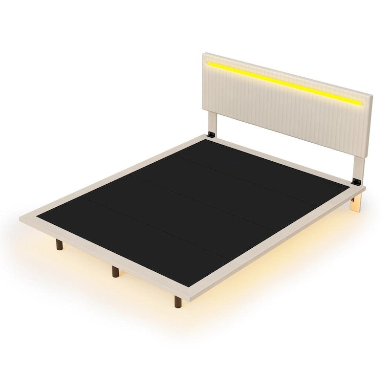 Floating Velvet Platform Bed with RGB LED Lights & Adjustable Wingback Headboard