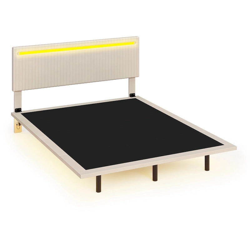 Floating Velvet Platform Bed with RGB LED Lights & Adjustable Wingback Headboard
