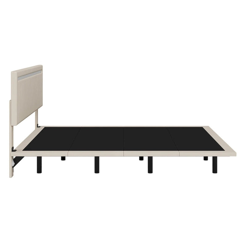 Floating Velvet Platform Bed with RGB LED Lights & Adjustable Wingback Headboard