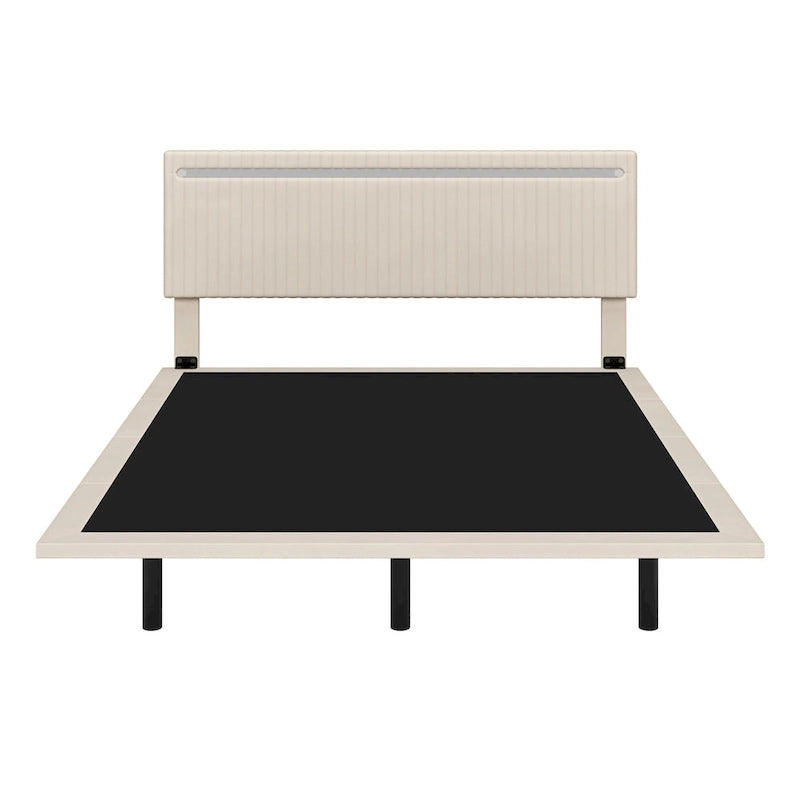 Floating Velvet Platform Bed with RGB LED Lights & Adjustable Wingback Headboard