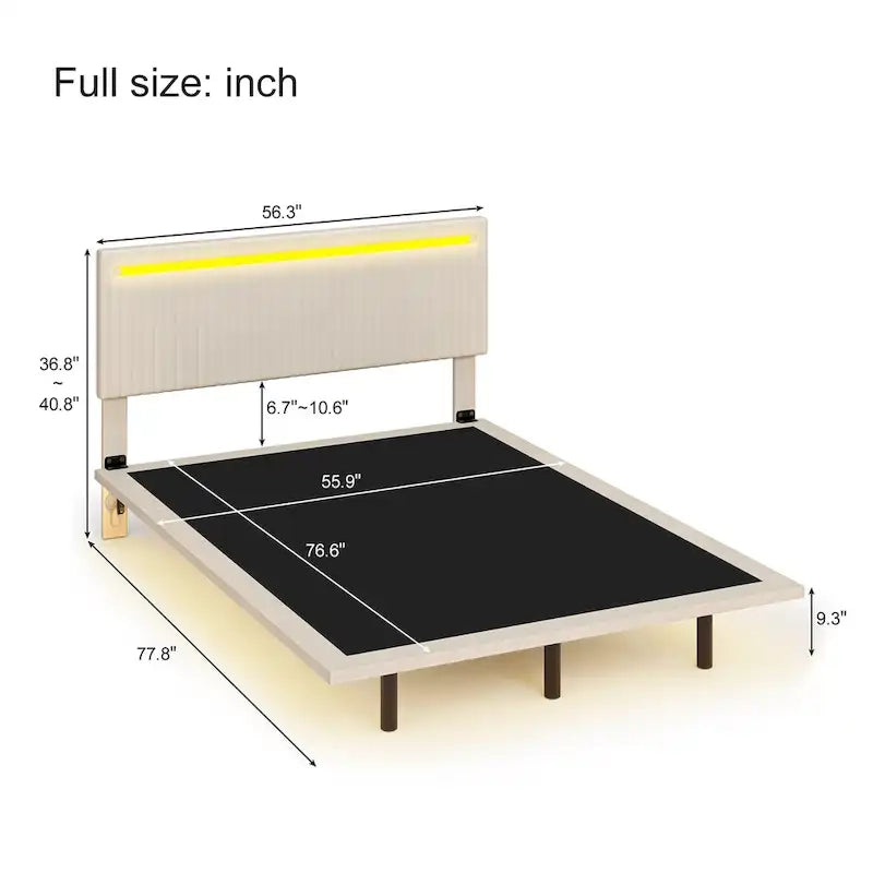 Floating Velvet Platform Bed with RGB LED Lights & Adjustable Wingback Headboard