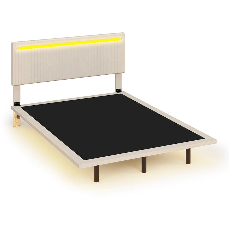 Floating Velvet Platform Bed with RGB LED Lights & Adjustable Wingback Headboard