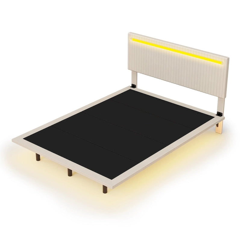 Floating Velvet Platform Bed with RGB LED Lights & Adjustable Wingback Headboard