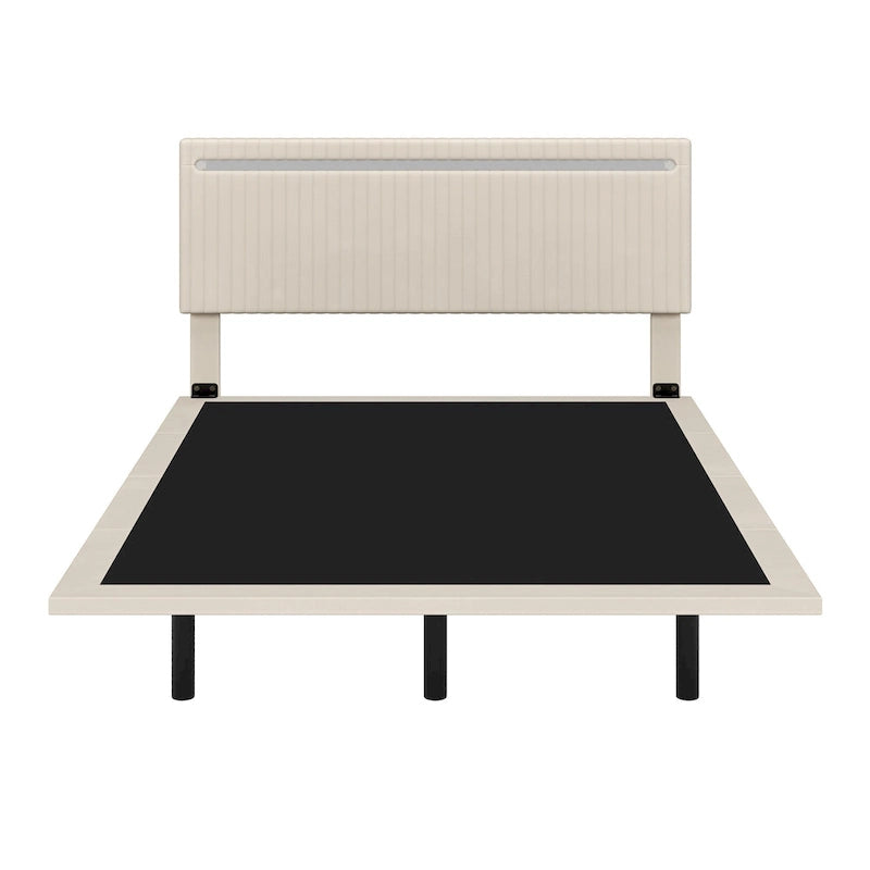 Floating Velvet Platform Bed with RGB LED Lights & Adjustable Wingback Headboard