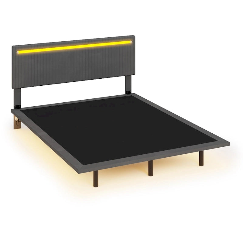 Floating Velvet Platform Bed with RGB LED Lights & Adjustable Wingback Headboard