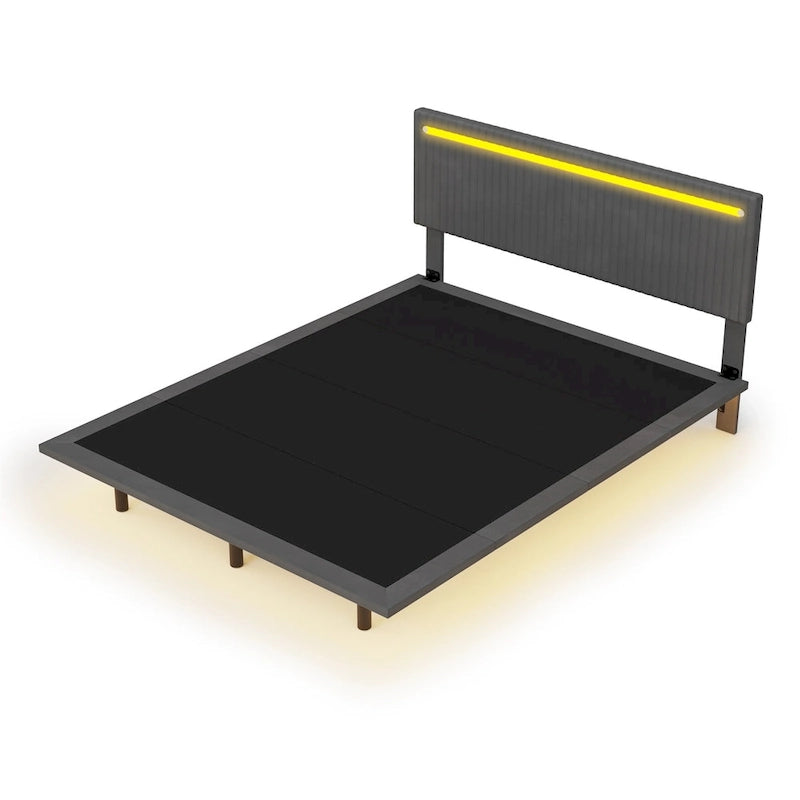 Floating Velvet Platform Bed with RGB LED Lights & Adjustable Wingback Headboard