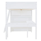 White Full Size Solid Pine Loft Bed with Desk & Bookshelf for Kids