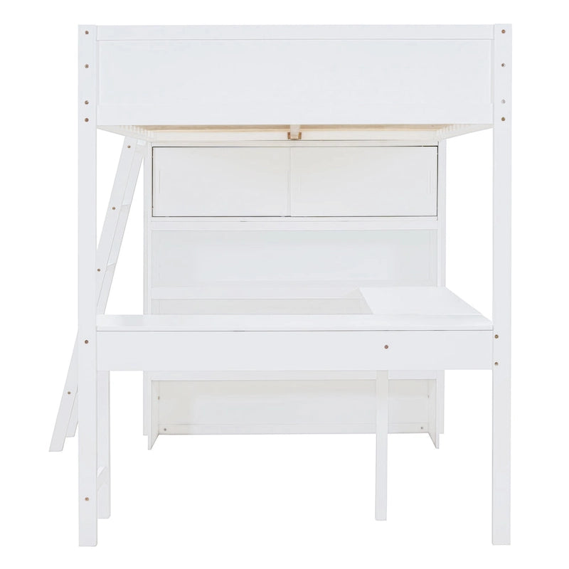White Full Size Solid Pine Loft Bed with Desk & Bookshelf for Kids