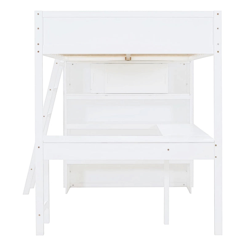White Full Size Solid Pine Loft Bed with Desk & Bookshelf for Kids