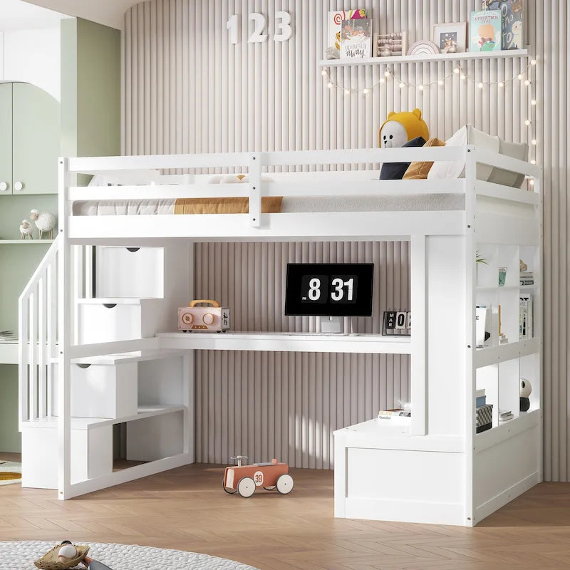 White Full Size Solid Pine Loft Bed with Desk, Shelves & Storage Drawers