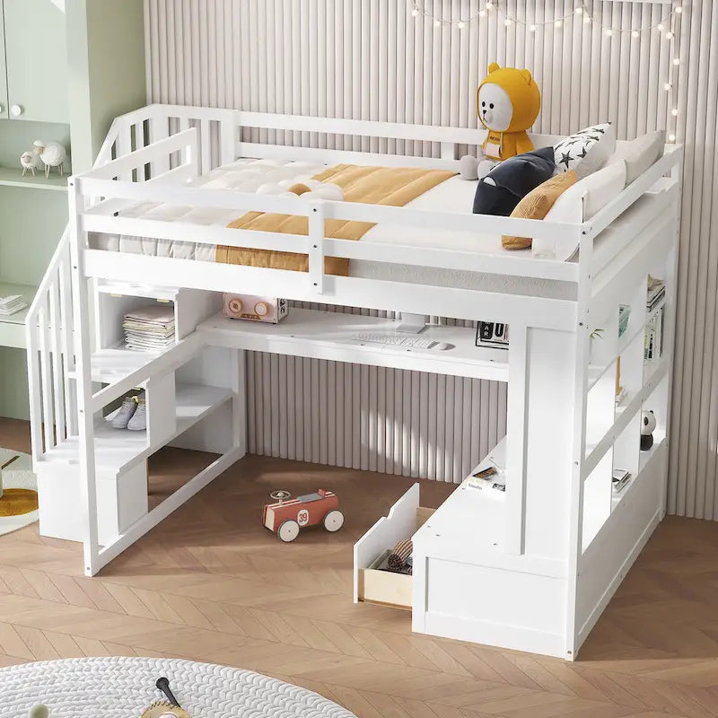 White Full Size Solid Pine Loft Bed with Desk, Shelves & Storage Drawers