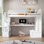 White Full Size Solid Pine Loft Bed with Desk, Shelves & Storage Drawers
