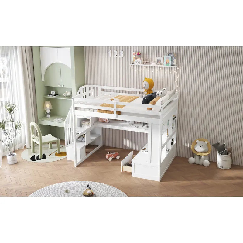 White Full Size Solid Pine Loft Bed with Desk, Shelves & Storage Drawers