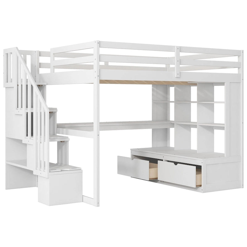 White Full Size Solid Pine Loft Bed with Desk, Shelves & Storage Drawers