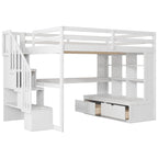 White Full Size Solid Pine Loft Bed with Desk, Shelves & Storage Drawers