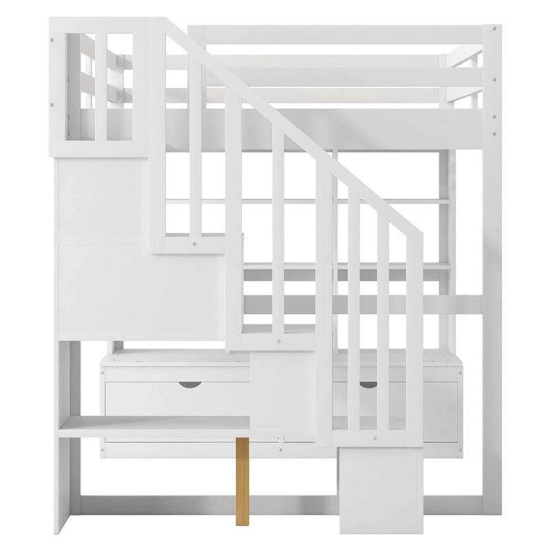 White Full Size Solid Pine Loft Bed with Desk, Shelves & Storage Drawers