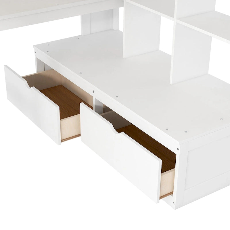 White Full Size Solid Pine Loft Bed with Desk, Shelves & Storage Drawers