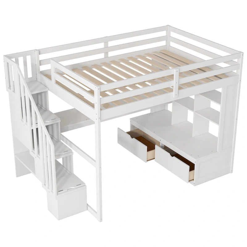 White Full Size Solid Pine Loft Bed with Desk, Shelves & Storage Drawers
