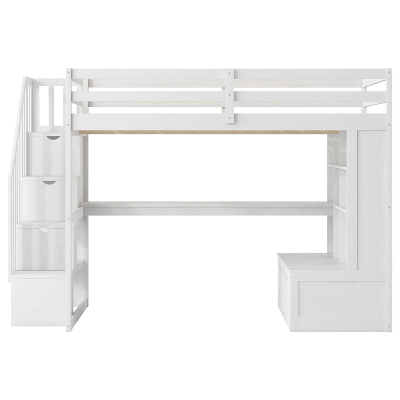 White Full Size Solid Pine Loft Bed with Desk, Shelves & Storage Drawers