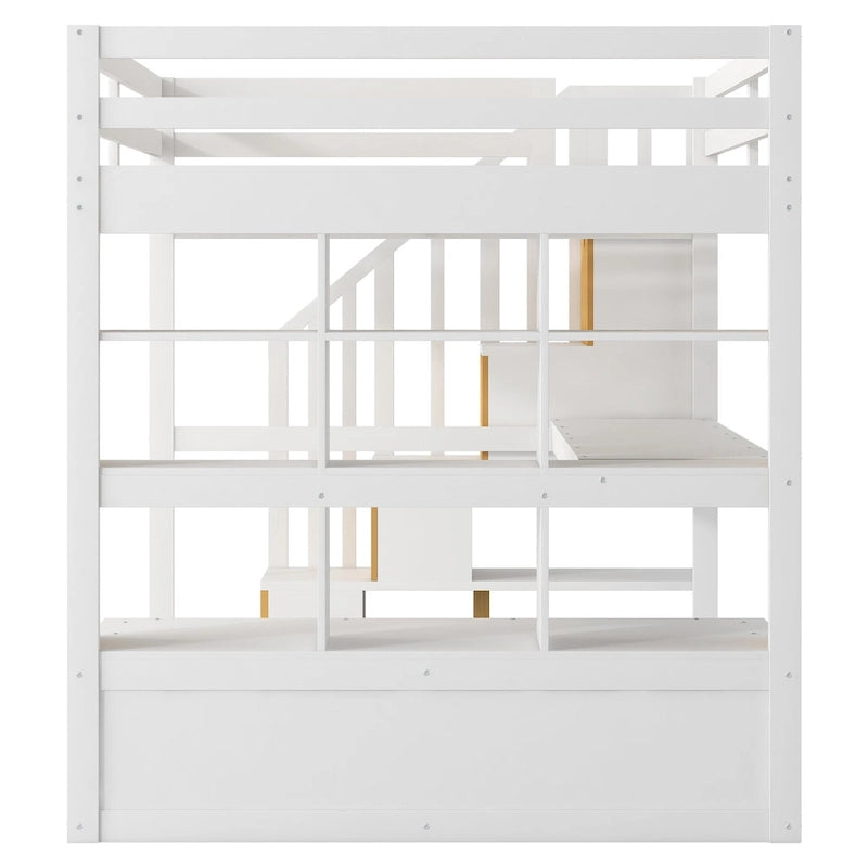 White Full Size Solid Pine Loft Bed with Desk, Shelves & Storage Drawers