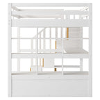White Full Size Solid Pine Loft Bed with Desk, Shelves & Storage Drawers