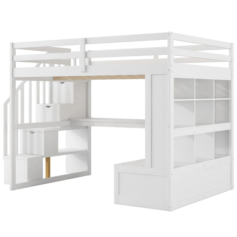 White Full Size Solid Pine Loft Bed with Desk, Shelves & Storage Drawers