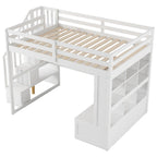 White Full Size Solid Pine Loft Bed with Desk, Shelves & Storage Drawers
