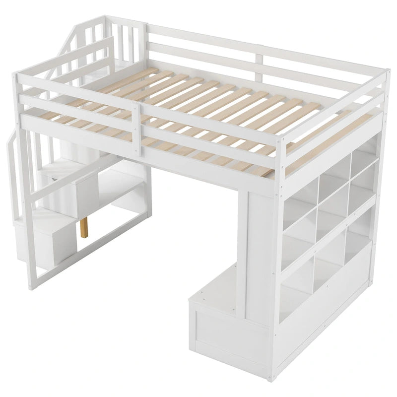 White Full Size Solid Pine Loft Bed with Desk, Shelves & Storage Drawers