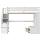 White Full Size Solid Pine Loft Bed with Desk, Shelves & Storage Drawers