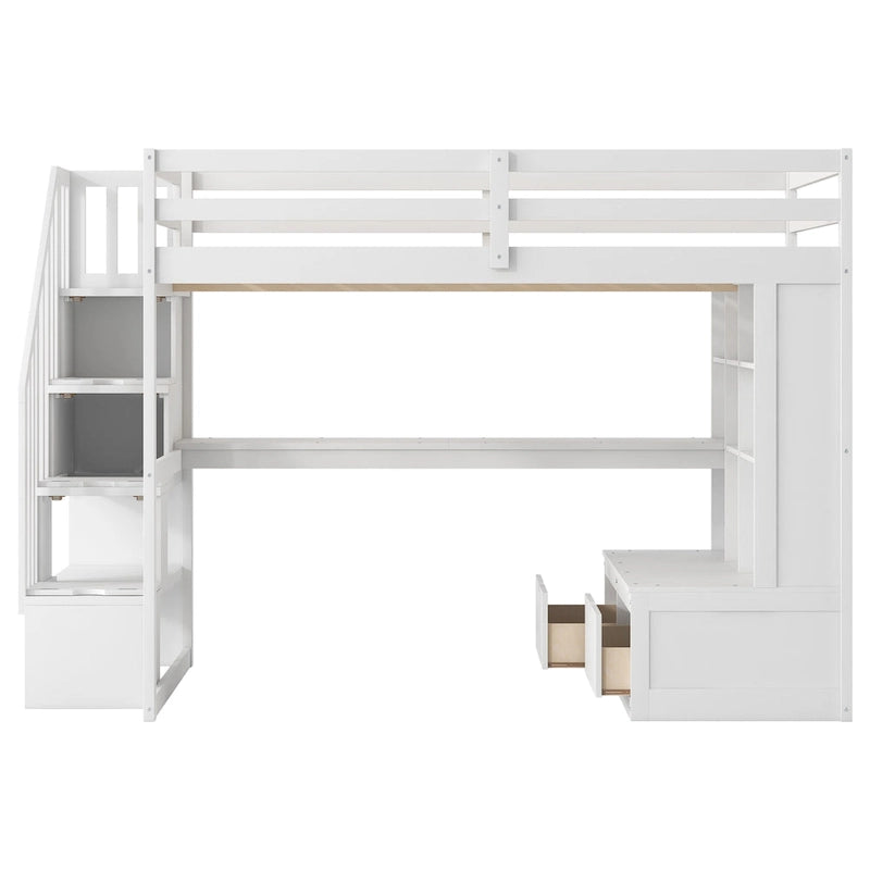 White Full Size Solid Pine Loft Bed with Desk, Shelves & Storage Drawers