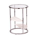 Round Side Table with Faux Stone Shelves & Glass Top - Contemporary Accent