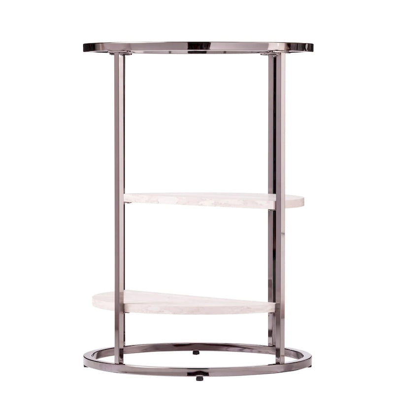Round Side Table with Faux Stone Shelves & Glass Top - Contemporary Accent