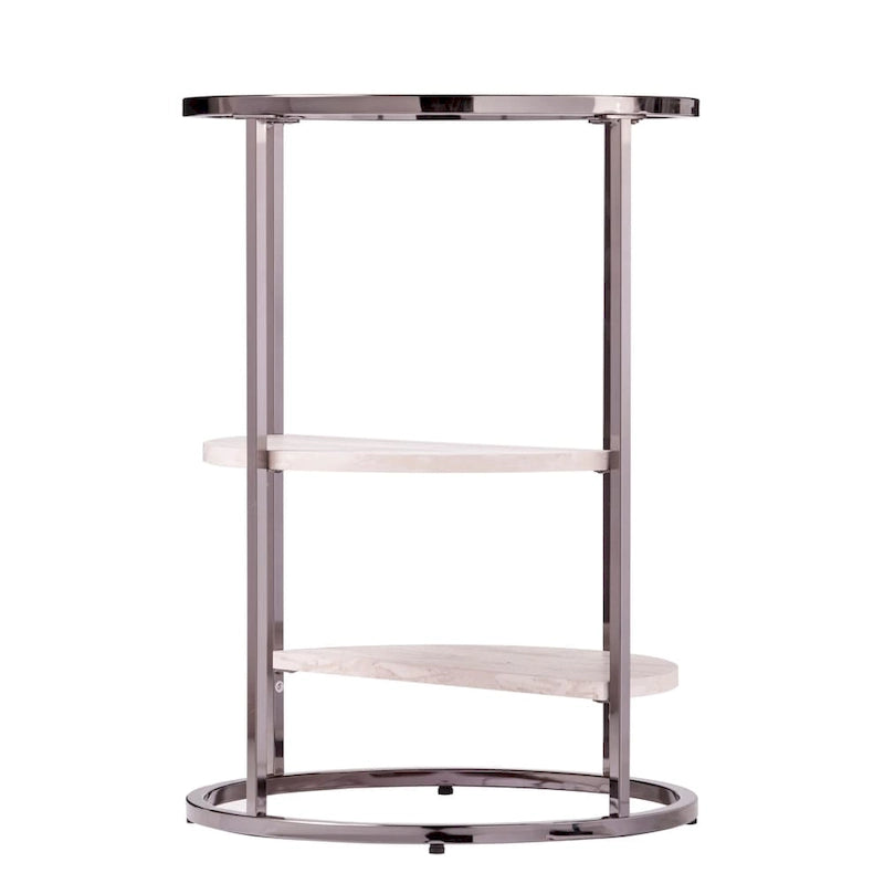 Round Side Table with Faux Stone Shelves & Glass Top - Contemporary Accent