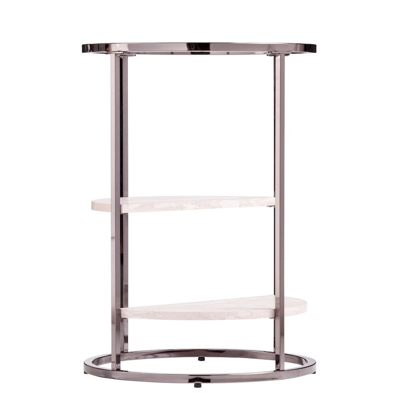 Round Side Table with Faux Stone Shelves & Glass Top - Contemporary Accent