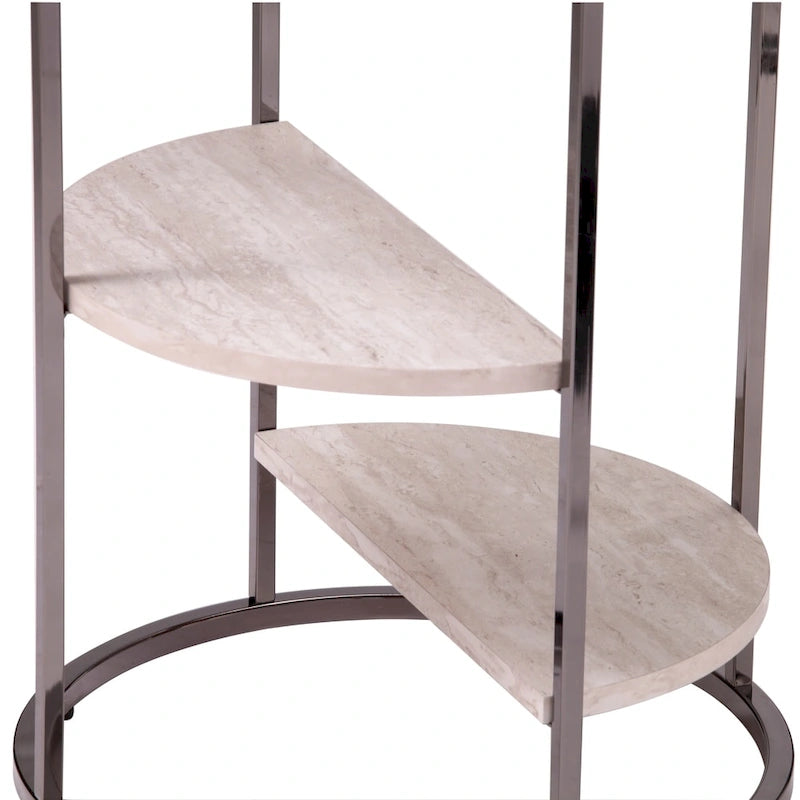 Round Side Table with Faux Stone Shelves & Glass Top - Contemporary Accent