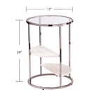 Round Side Table with Faux Stone Shelves & Glass Top - Contemporary Accent