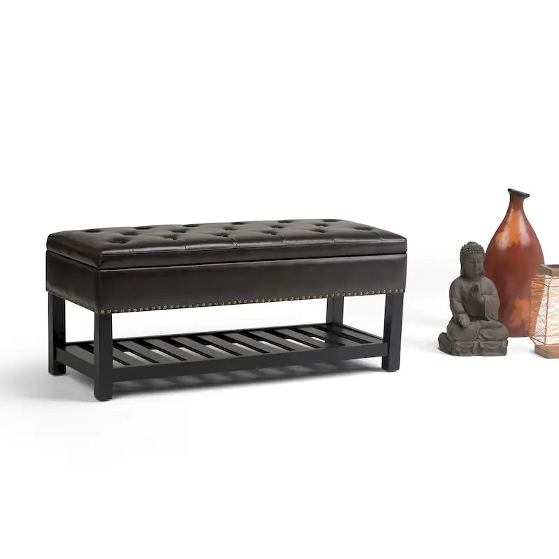 43" Tufted Rectangle Storage Ottoman Bench with Nailhead Trim - Faux Leather